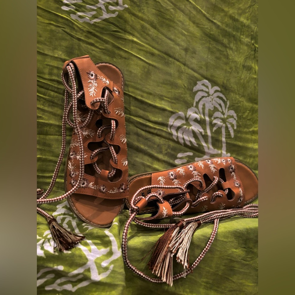 Embroidered lace up boho sandals